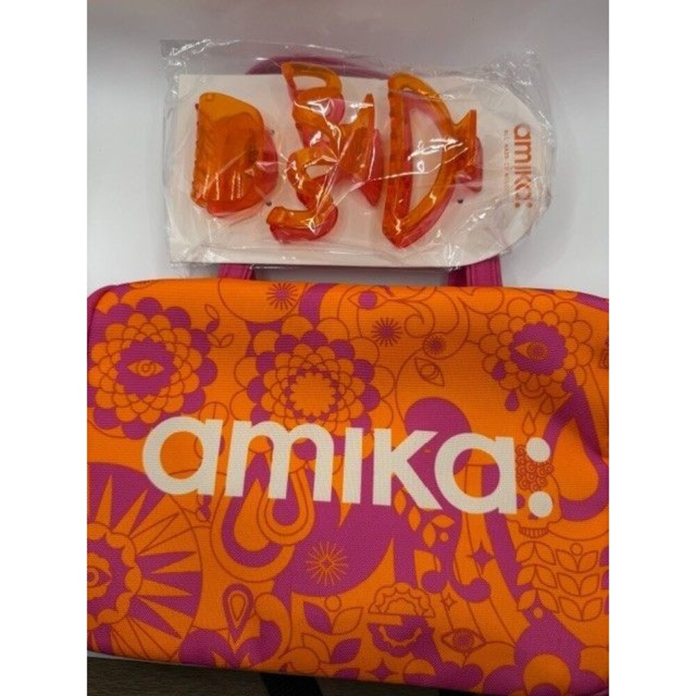 Amika Hair Care Tote Bag + 3 Orange Claw Hair Clips Set Pink Orange Floral